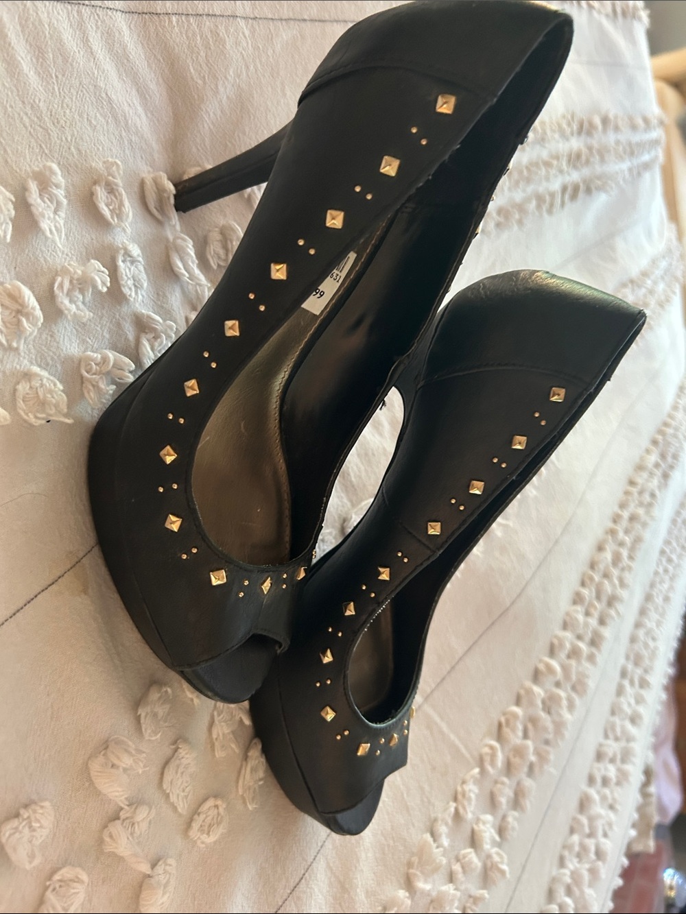 FIONI Clothing Black Peep-Toe Stiletto Heels with Gold Stud Accents